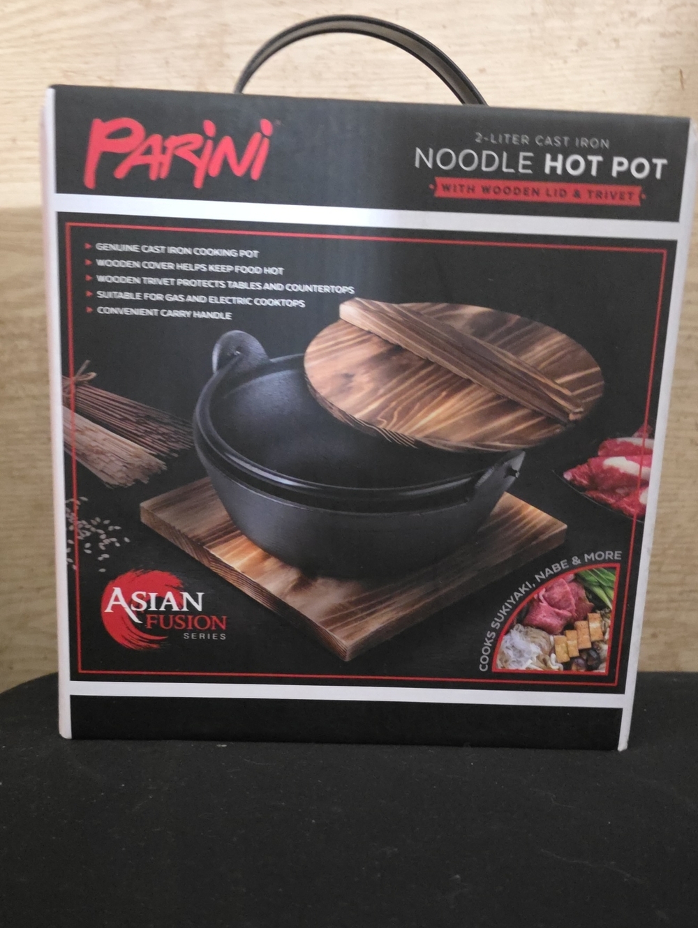 Cast Iron Noodle Hot Pot with Wooden Lid - Black Brand New Unopened
